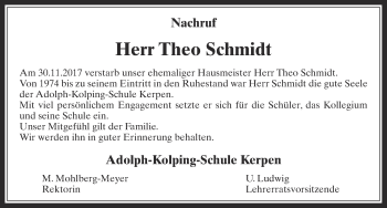 Anzeige von Theo Schmidt von  Sonntags-Post 