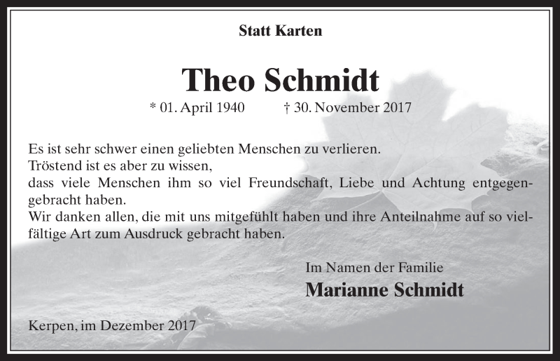  Traueranzeige für Theo Schmidt vom 20.12.2017 aus  Werbepost 