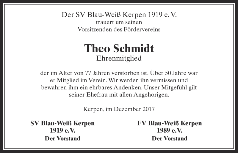  Traueranzeige für Theo Schmidt vom 13.12.2017 aus  Werbepost 