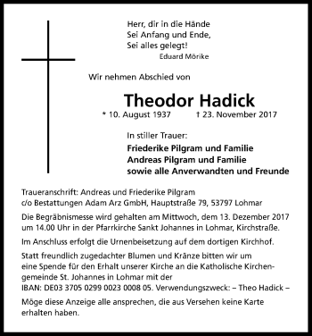 Anzeige von Theodor Hadick von Kölner Stadt-Anzeiger / Kölnische Rundschau / Express