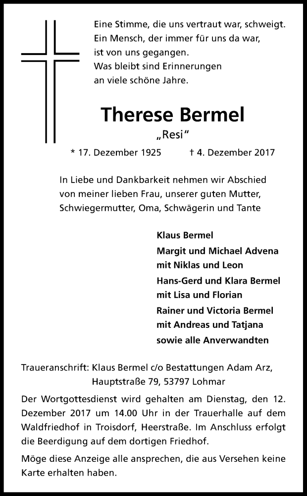  Traueranzeige für Therese Bermel vom 07.12.2017 aus Kölner Stadt-Anzeiger / Kölnische Rundschau / Express