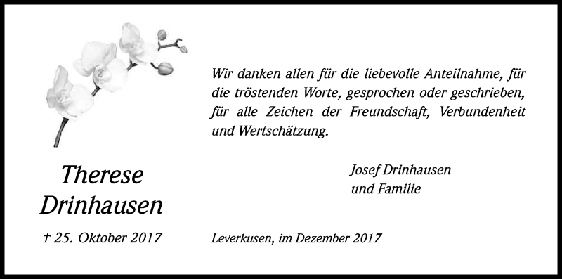  Traueranzeige für Therese Drinhausen vom 09.12.2017 aus Kölner Stadt-Anzeiger / Kölnische Rundschau / Express