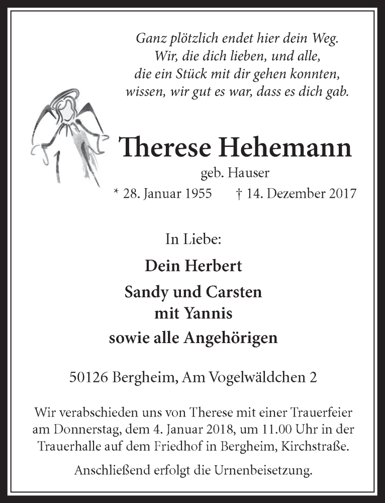  Traueranzeige für Therese Hehemann vom 28.12.2017 aus  Werbepost 