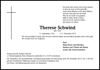 Anzeige von Therese Schwind von Kölner Stadt-Anzeiger / Kölnische Rundschau / Express