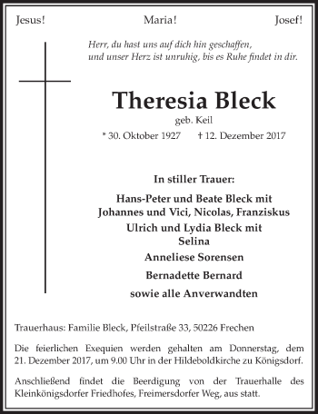 Anzeige von Theresia Bleck von  Sonntags-Post 