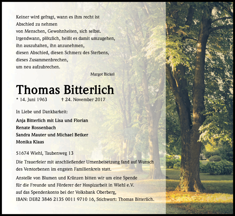  Traueranzeige für Thomas Bitterlich vom 02.12.2017 aus Kölner Stadt-Anzeiger / Kölnische Rundschau / Express