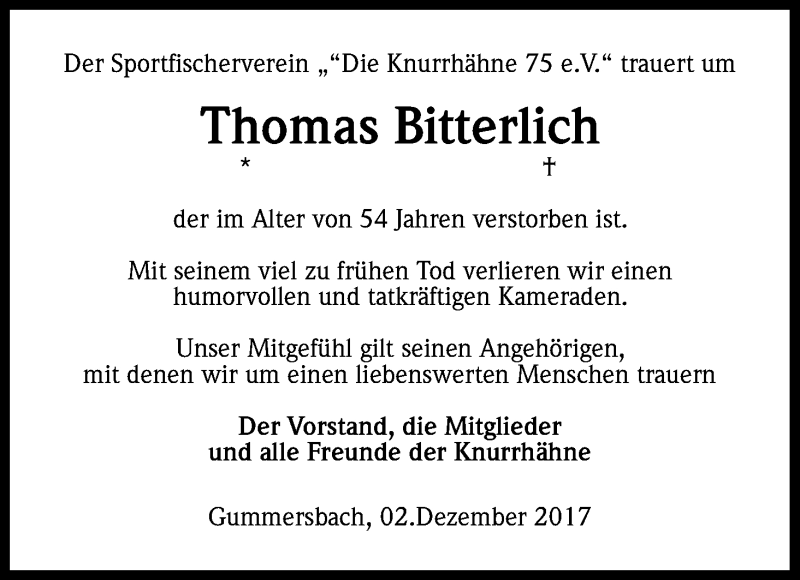  Traueranzeige für Thomas Bitterlich vom 02.12.2017 aus Kölner Stadt-Anzeiger / Kölnische Rundschau / Express