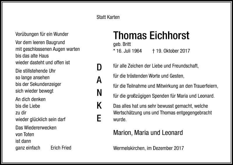  Traueranzeige für Thomas Eichhorst vom 09.12.2017 aus Kölner Stadt-Anzeiger / Kölnische Rundschau / Express