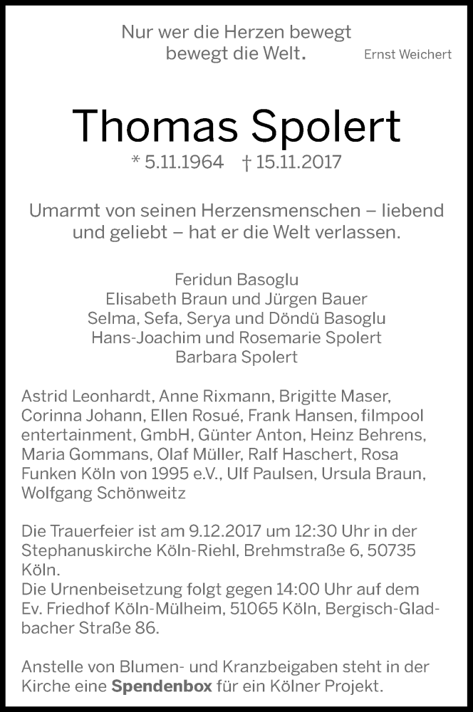  Traueranzeige für Thomas Spolert vom 02.12.2017 aus Kölner Stadt-Anzeiger / Kölnische Rundschau / Express