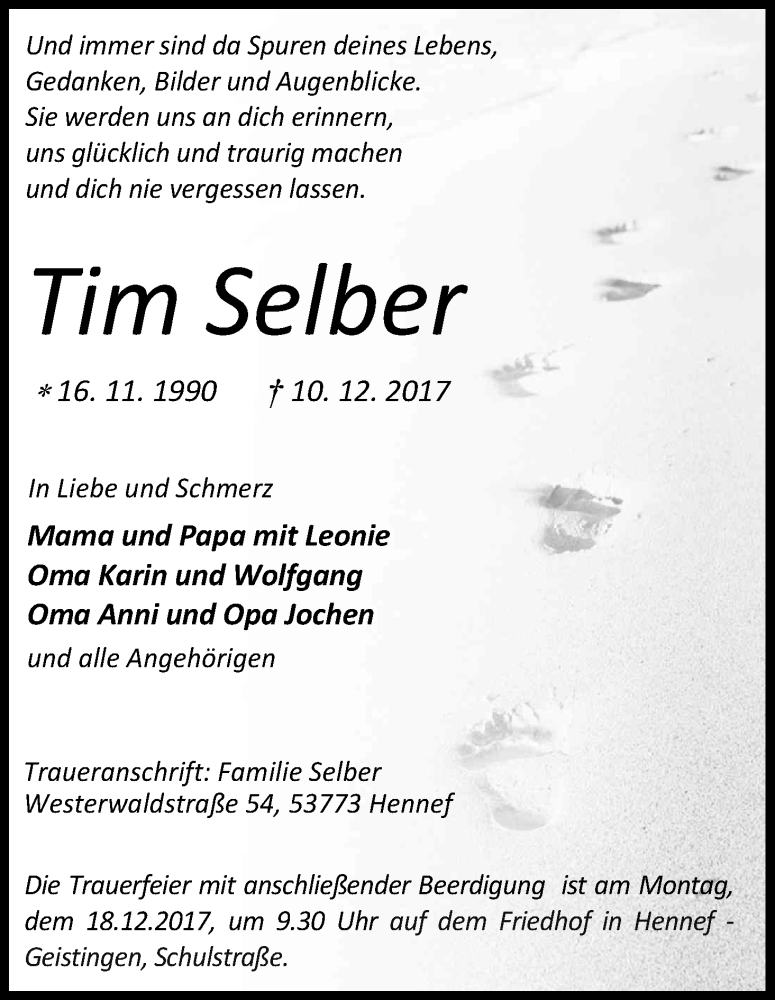  Traueranzeige für Tim Selber vom 15.12.2017 aus Kölner Stadt-Anzeiger / Kölnische Rundschau / Express