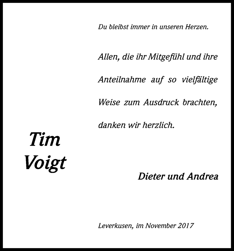  Traueranzeige für Tim Voigt vom 02.12.2017 aus Kölner Stadt-Anzeiger / Kölnische Rundschau / Express