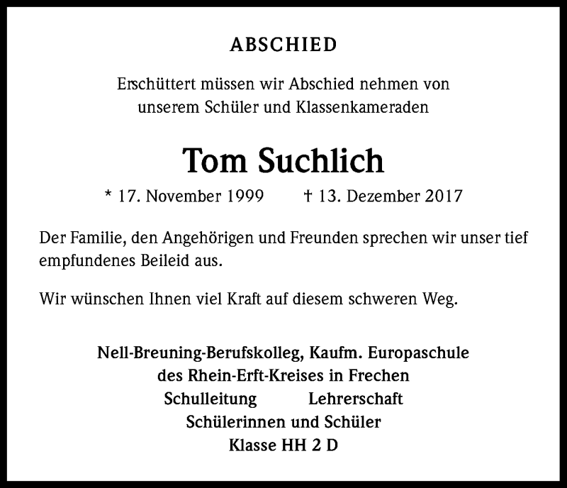  Traueranzeige für Tom Suchlich vom 20.12.2017 aus Kölner Stadt-Anzeiger / Kölnische Rundschau / Express
