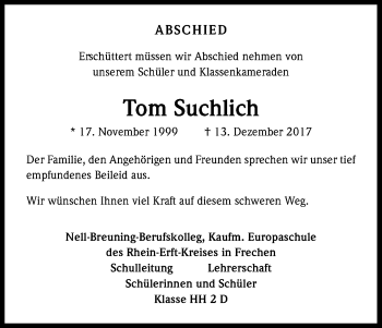 Anzeige von Tom Suchlich von Kölner Stadt-Anzeiger / Kölnische Rundschau / Express