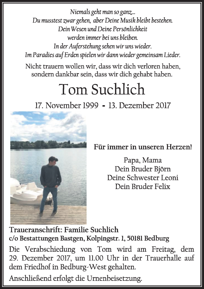  Traueranzeige für Tom Suchlich vom 23.12.2017 aus  Sonntags-Post 