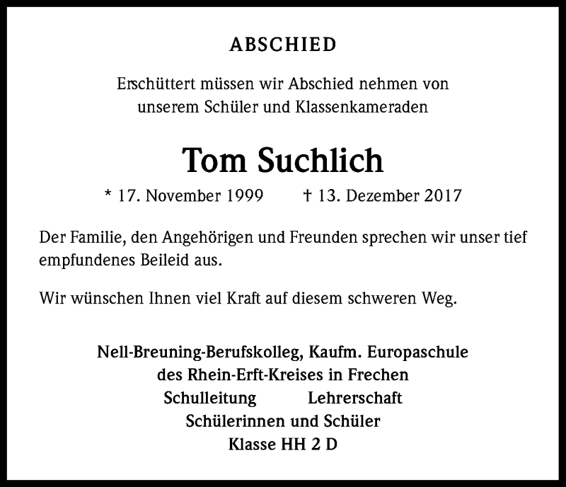  Traueranzeige für Tom Suchlich vom 21.12.2017 aus Kölner Stadt-Anzeiger / Kölnische Rundschau / Express