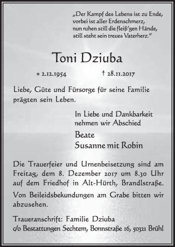 Anzeige von Toni Dziuba von  Wochenende 