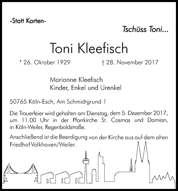 Anzeige von Toni Kleefisch von Kölner Stadt-Anzeiger / Kölnische Rundschau / Express