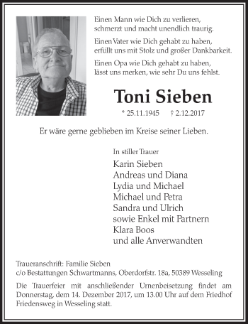 Anzeige von Toni Sieben von  Schlossbote/Werbekurier 