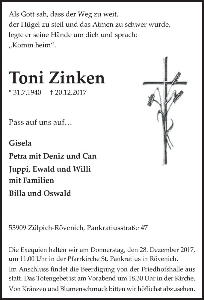  Traueranzeige für Toni Zinken vom 23.12.2017 aus  Blickpunkt Euskirchen 