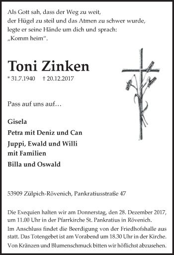 Anzeige von Toni Zinken von  Blickpunkt Euskirchen 