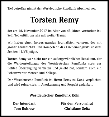 Anzeige von Torsten Remy von Kölner Stadt-Anzeiger / Kölnische Rundschau / Express