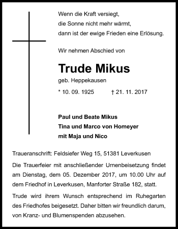 Anzeige von Trude Mikus von Kölner Stadt-Anzeiger / Kölnische Rundschau / Express