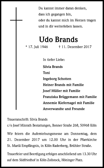 Anzeige von Udo Brands von Kölner Stadt-Anzeiger / Kölnische Rundschau / Express