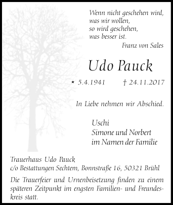 Anzeige von Udo Pauck von Kölner Stadt-Anzeiger / Kölnische Rundschau / Express
