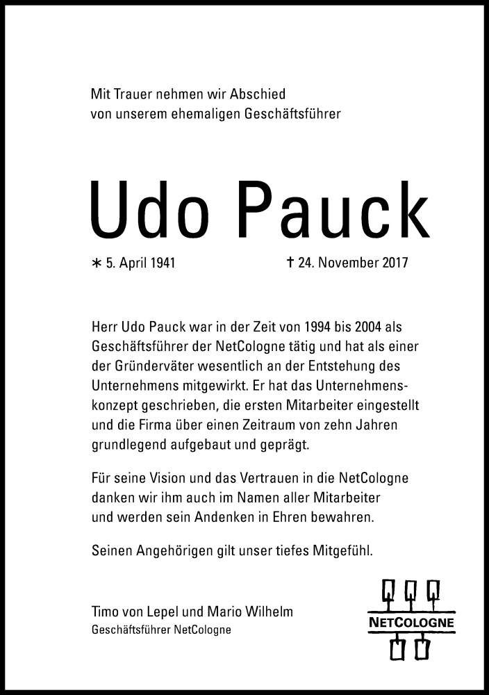  Traueranzeige für Udo Pauck vom 09.12.2017 aus Kölner Stadt-Anzeiger / Kölnische Rundschau / Express