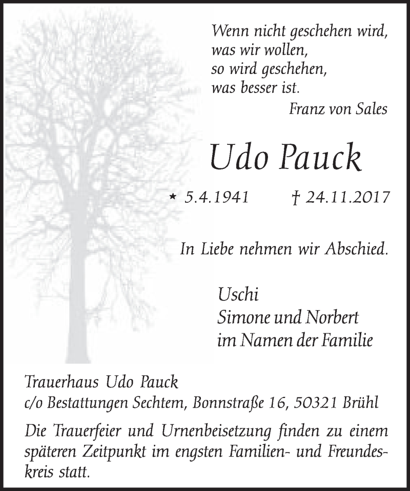  Traueranzeige für Udo Pauck vom 06.12.2017 aus  Schlossbote/Werbekurier 