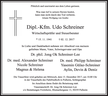 Anzeige von Udo Schreiner von  Sonntags-Post 