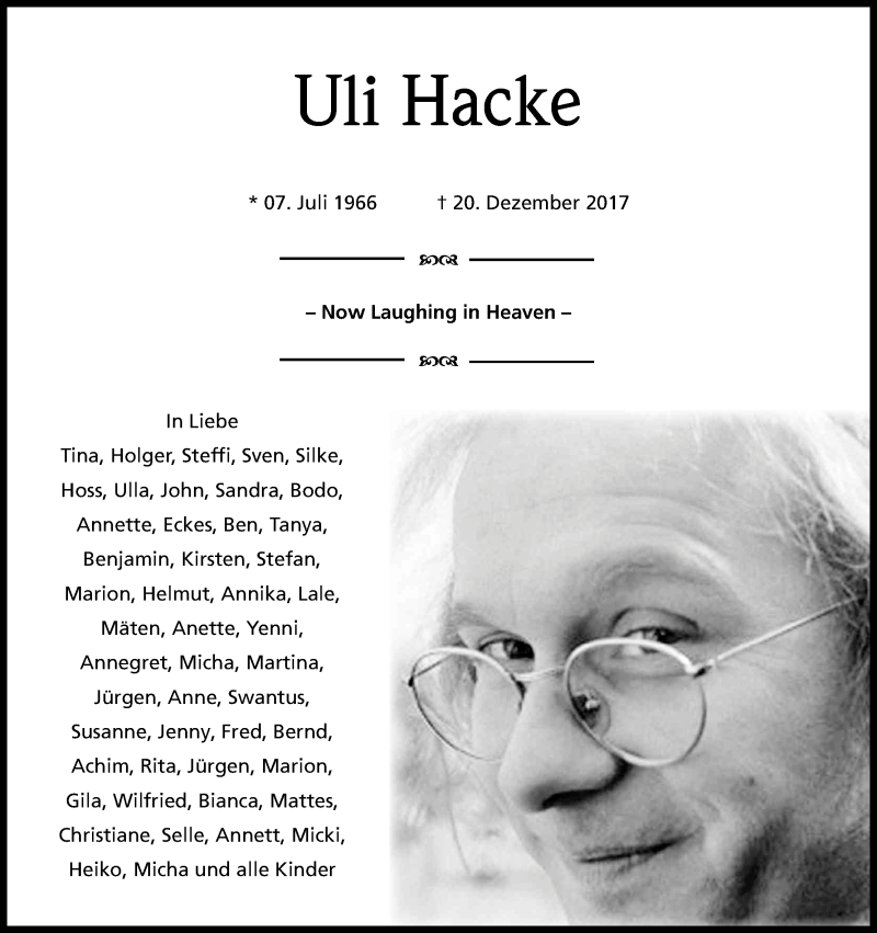  Traueranzeige für Uli Hacke vom 30.12.2017 aus Kölner Stadt-Anzeiger / Kölnische Rundschau / Express