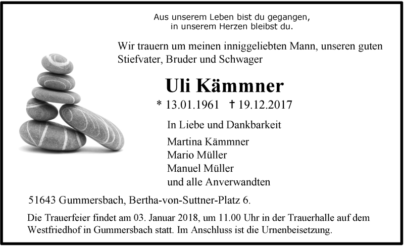  Traueranzeige für Uli Kämmner vom 28.12.2017 aus  Anzeigen Echo 