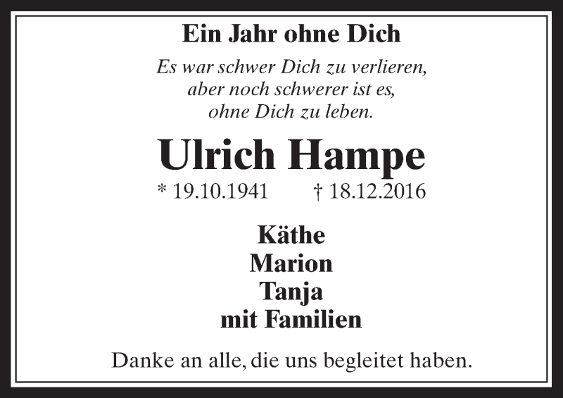  Traueranzeige für Ulrich Hampe vom 20.12.2017 aus  Werbepost 