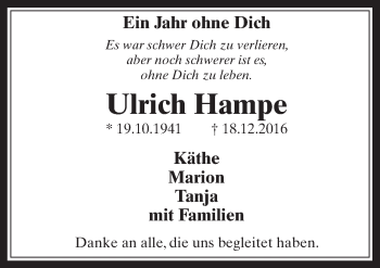 Anzeige von Ulrich Hampe von  Werbepost 