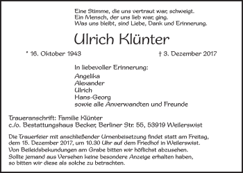 Anzeige von Ulrich Klünter von  Schlossbote/Werbekurier 
