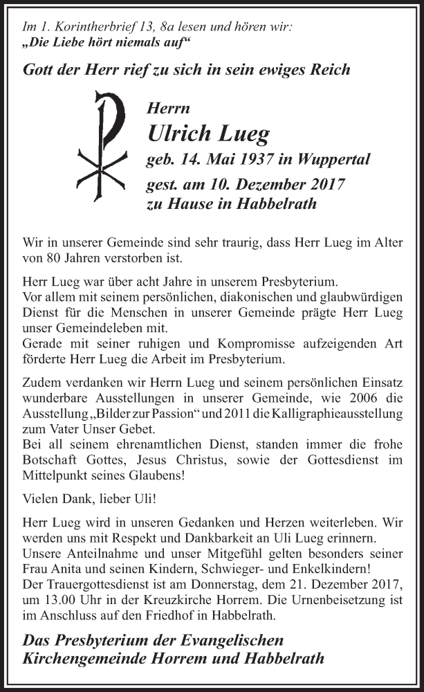  Traueranzeige für Ulrich Lueg vom 16.12.2017 aus  Sonntags-Post 