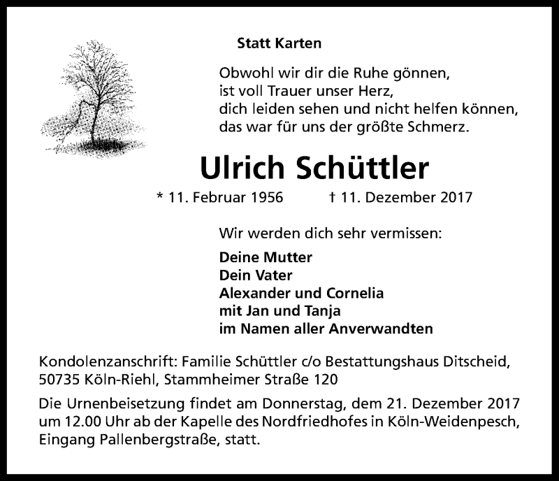  Traueranzeige für Ulrich Schüttler vom 19.12.2017 aus Kölner Stadt-Anzeiger / Kölnische Rundschau / Express