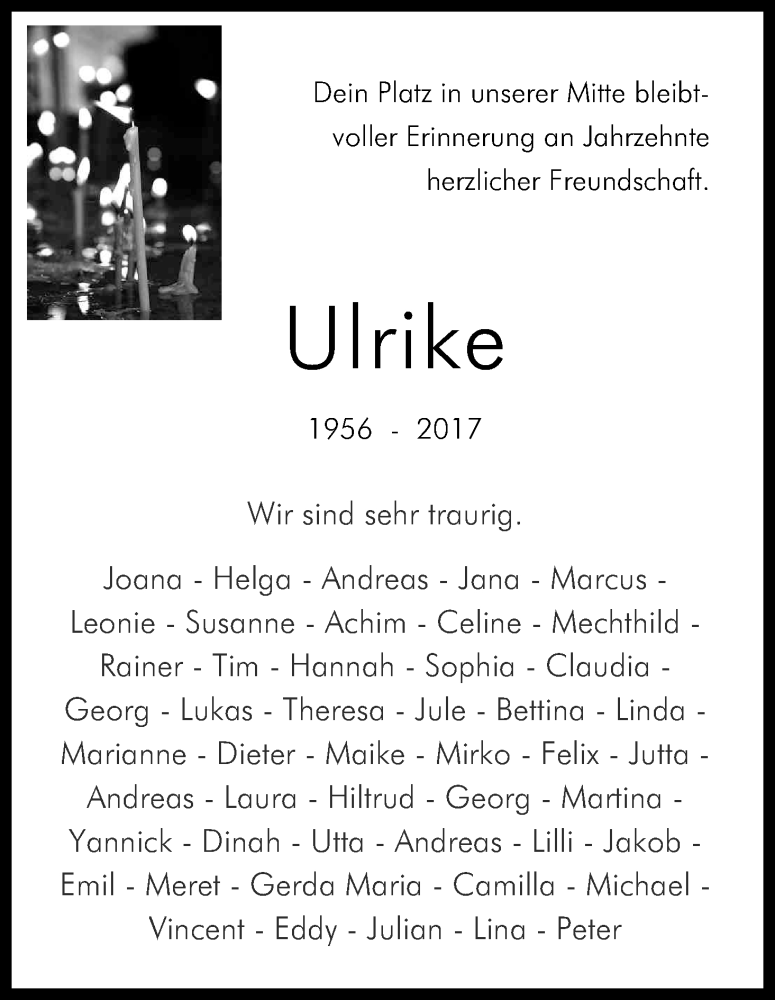  Traueranzeige für Ulrike  vom 09.12.2017 aus Kölner Stadt-Anzeiger / Kölnische Rundschau / Express