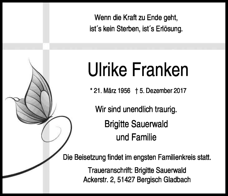  Traueranzeige für Ulrike Franken vom 16.12.2017 aus Kölner Stadt-Anzeiger / Kölnische Rundschau / Express
