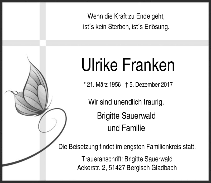  Traueranzeige für Ulrike Franken vom 13.12.2017 aus  Bergisches Handelsblatt 