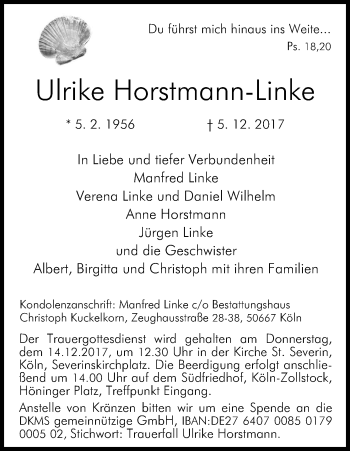 Anzeige von Ulrike Horstmann-Linke von Kölner Stadt-Anzeiger / Kölnische Rundschau / Express