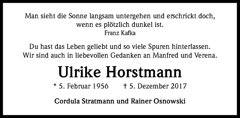  Traueranzeige für Ulrike Horstmann vom 09.12.2017 aus Kölner Stadt-Anzeiger / Kölnische Rundschau / Express
