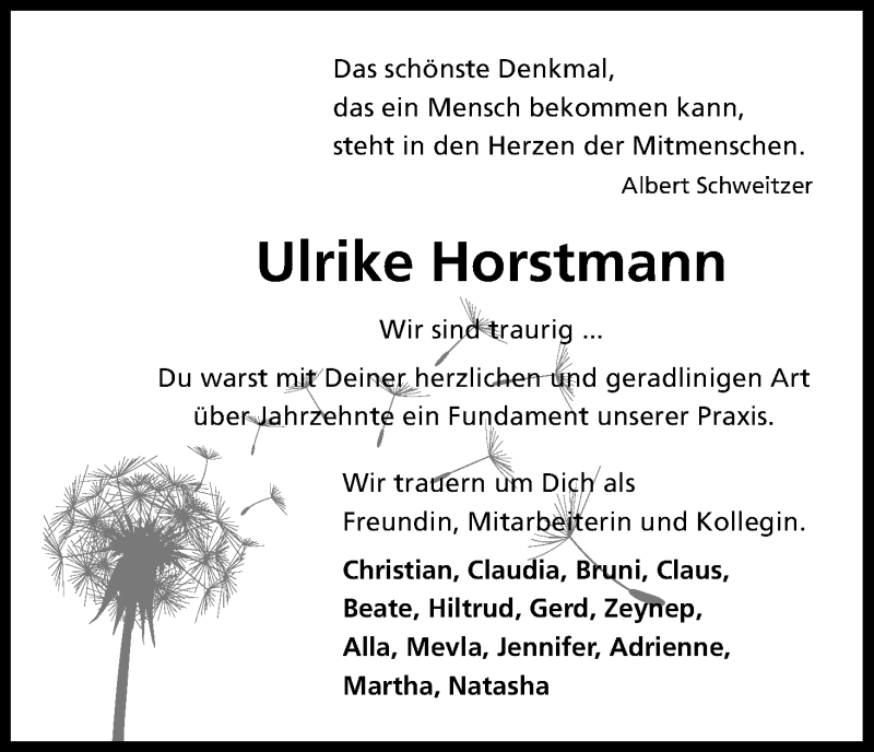  Traueranzeige für Ulrike Horstmann vom 13.12.2017 aus Kölner Stadt-Anzeiger / Kölnische Rundschau / Express