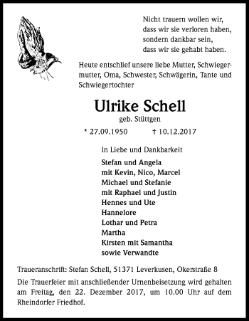 Anzeige von Ulrike Schell von Kölner Stadt-Anzeiger / Kölnische Rundschau / Express