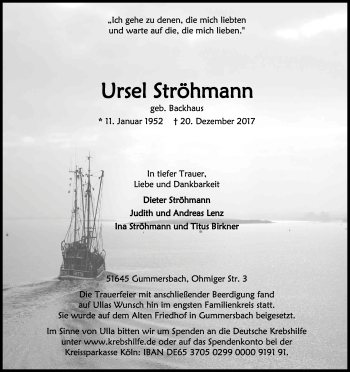 Anzeige von Ursel Ströhmann von Kölner Stadt-Anzeiger / Kölnische Rundschau / Express