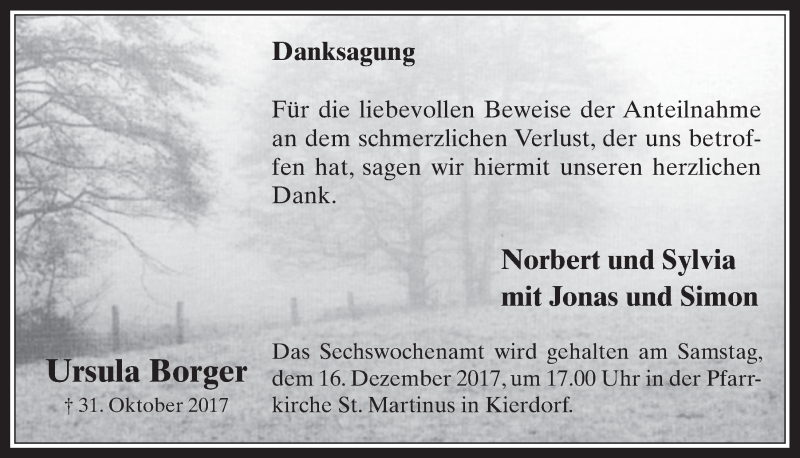  Traueranzeige für Ursula Borger vom 13.12.2017 aus  Werbepost 