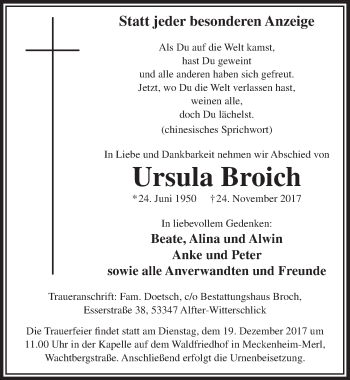Anzeige von Ursula Broich von  Schaufenster/Blickpunkt 