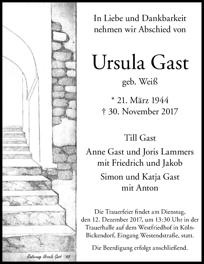  Traueranzeige für Ursula Gast vom 06.12.2017 aus Kölner Stadt-Anzeiger / Kölnische Rundschau / Express