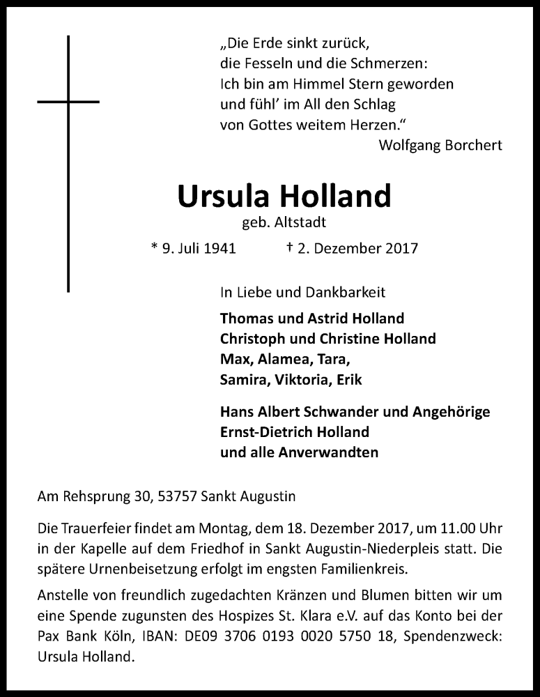  Traueranzeige für Ursula Holland vom 09.12.2017 aus Kölner Stadt-Anzeiger / Kölnische Rundschau / Express